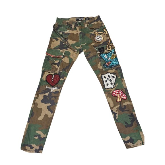 Cote De Nuits Mens 28x30 Camo Jeans Designer Sequin Patches Cargo Haute Couture - Picture 4 of 16